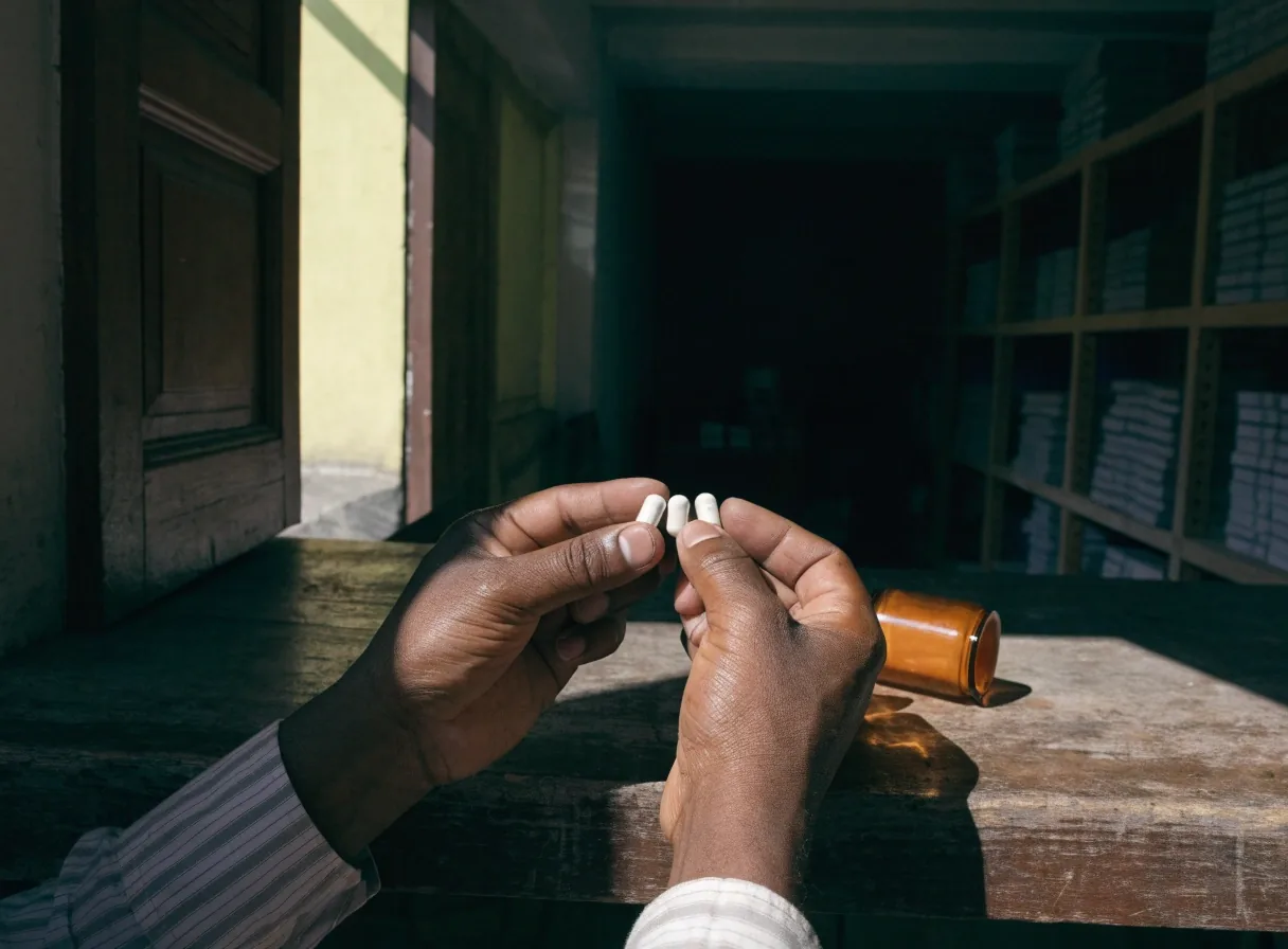 Hands holding two closed capsule shells above a bare plank surface