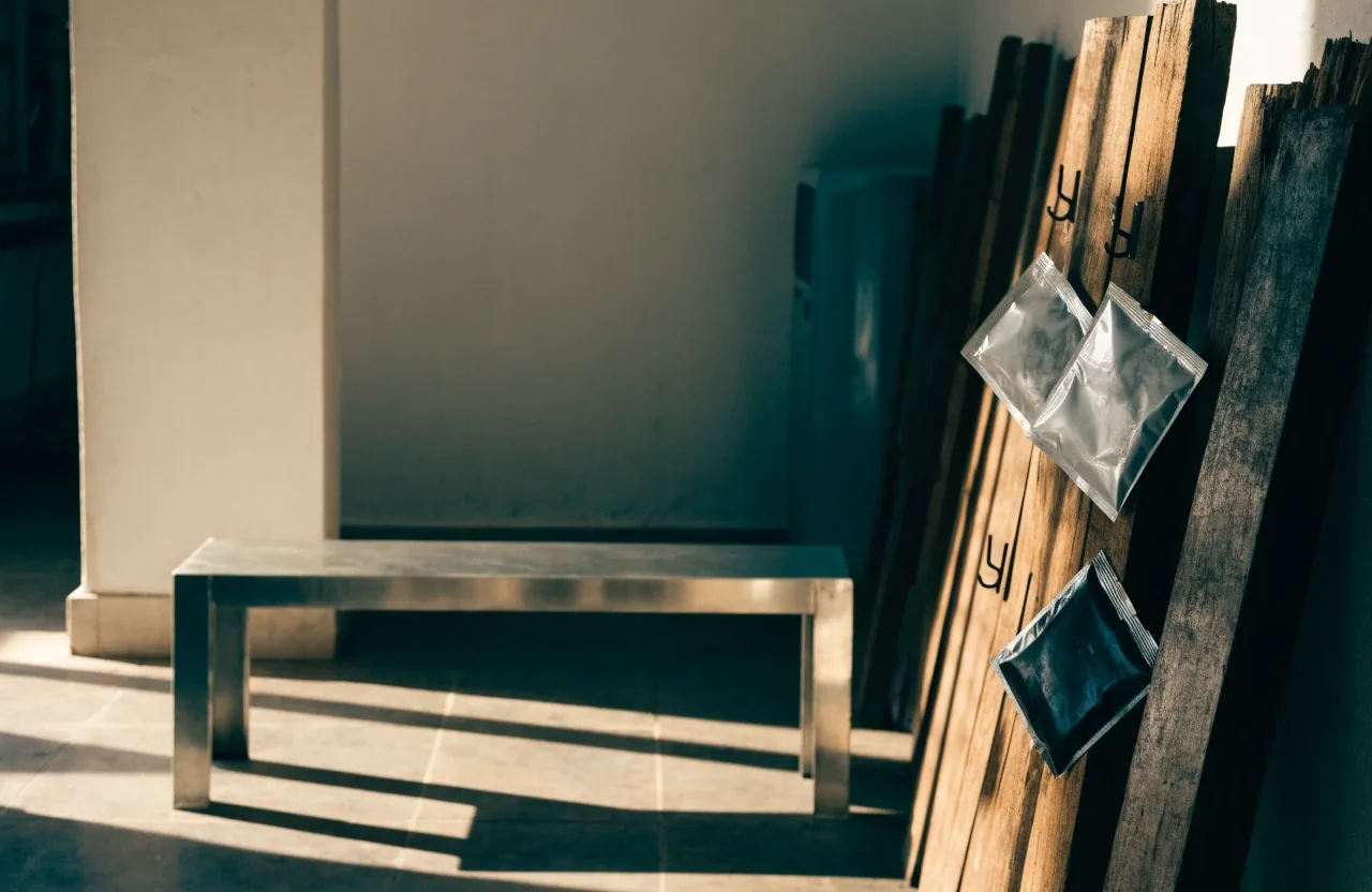 A daytime office interior with wooden planks leaning against a wall and hooks holding sample packets
