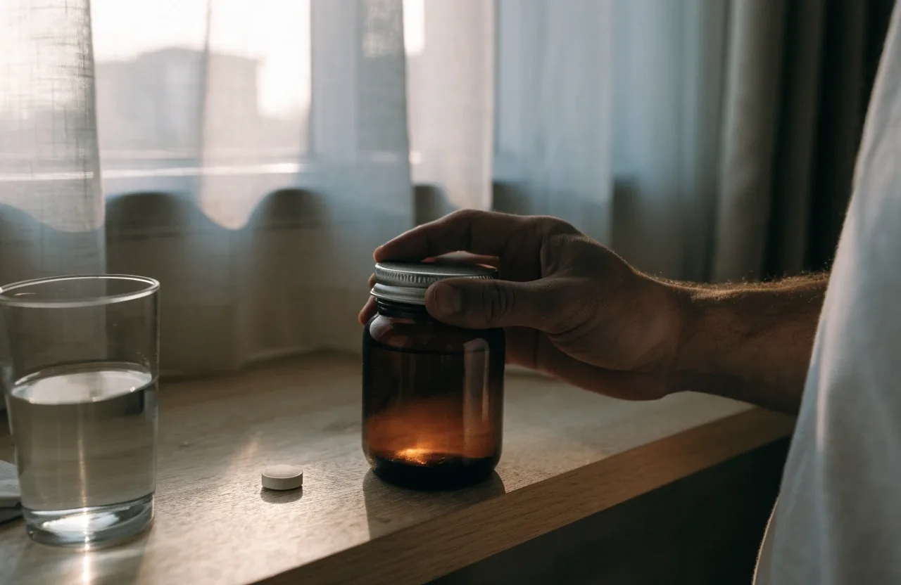 A man's hand reaching for a daily multivitamin tablet on a counter beside a glass of water
