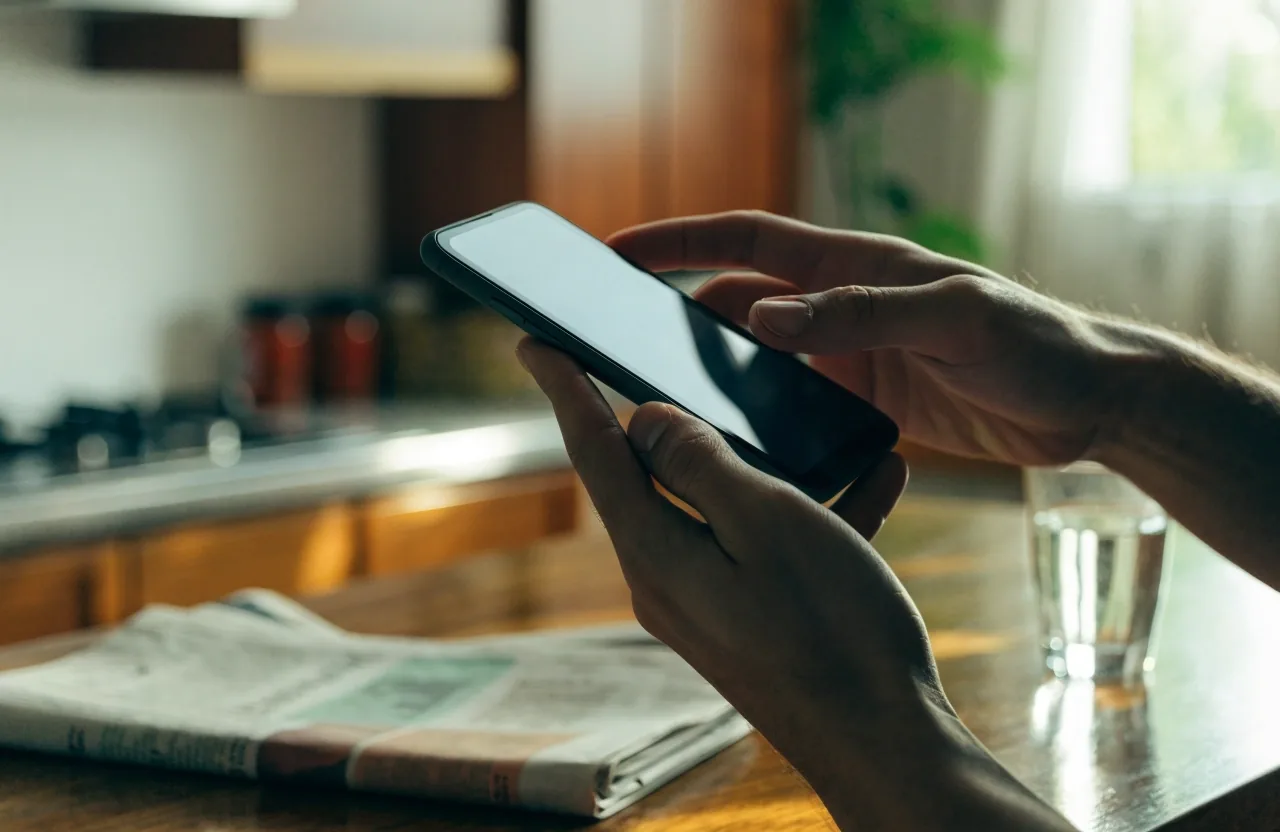 Hands adjusting privacy settings on a phone in a bright kitchen