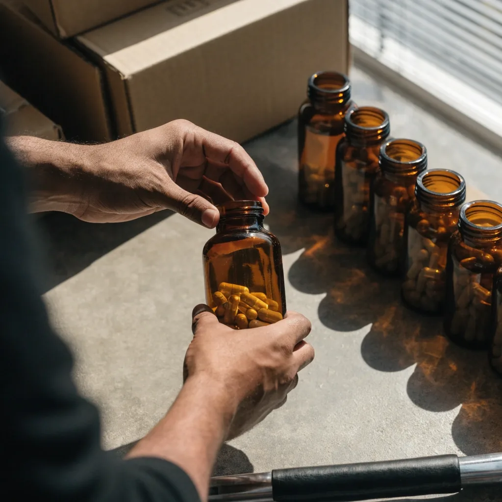 Hands turning an unbranded supplement bottle on a bench beside plain shipping cartons
