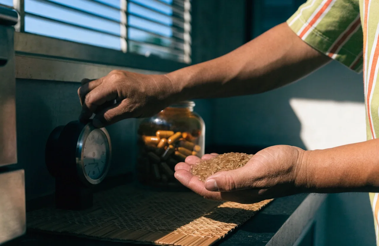 Hand holding a cap-counter dial above a counter mat with a jar behind and loose grain in an open palm