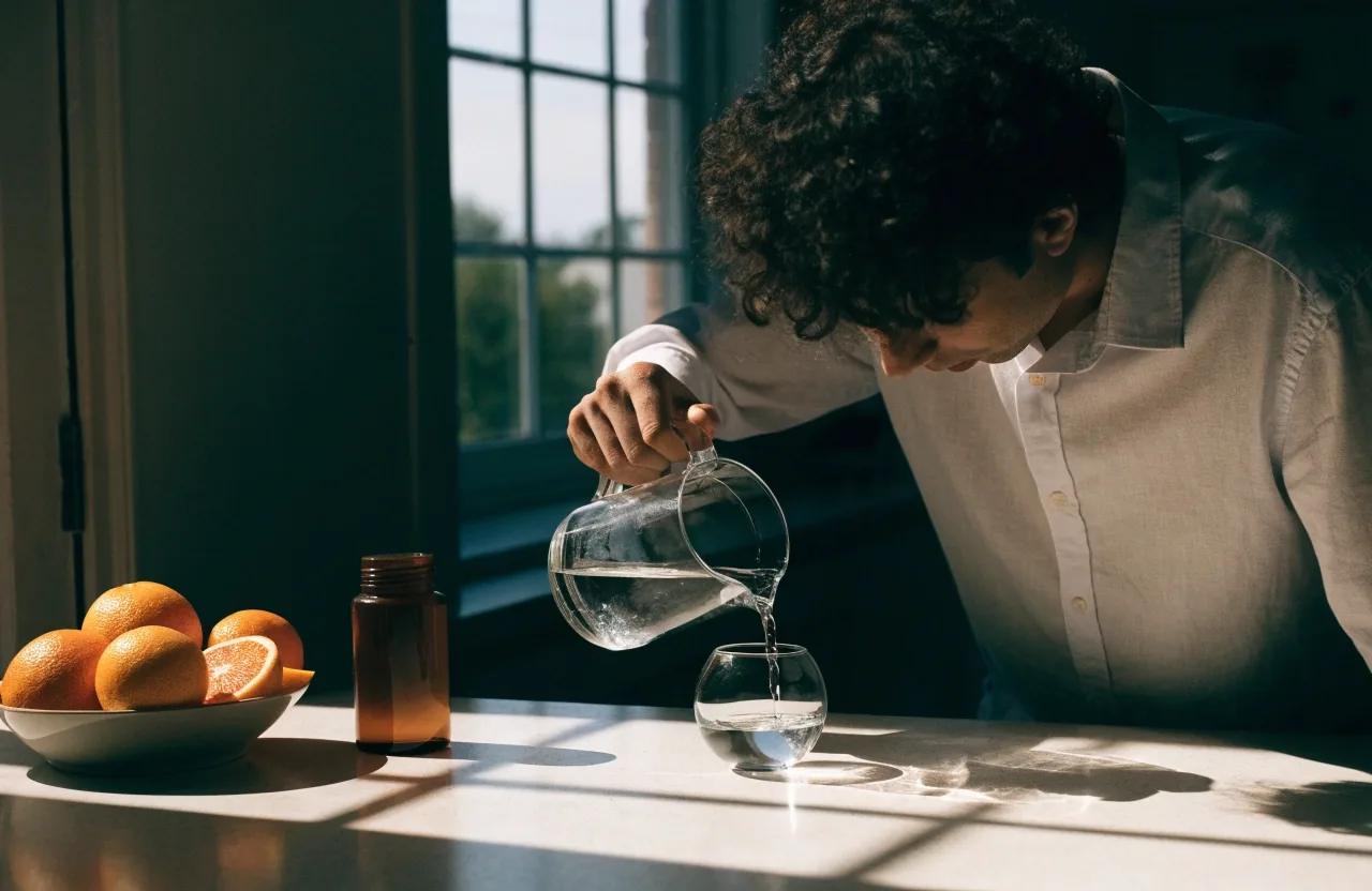 A man pouring a glass of water at a kitchen counter with an unlabeled capsule bottle beside a bowl of fruit