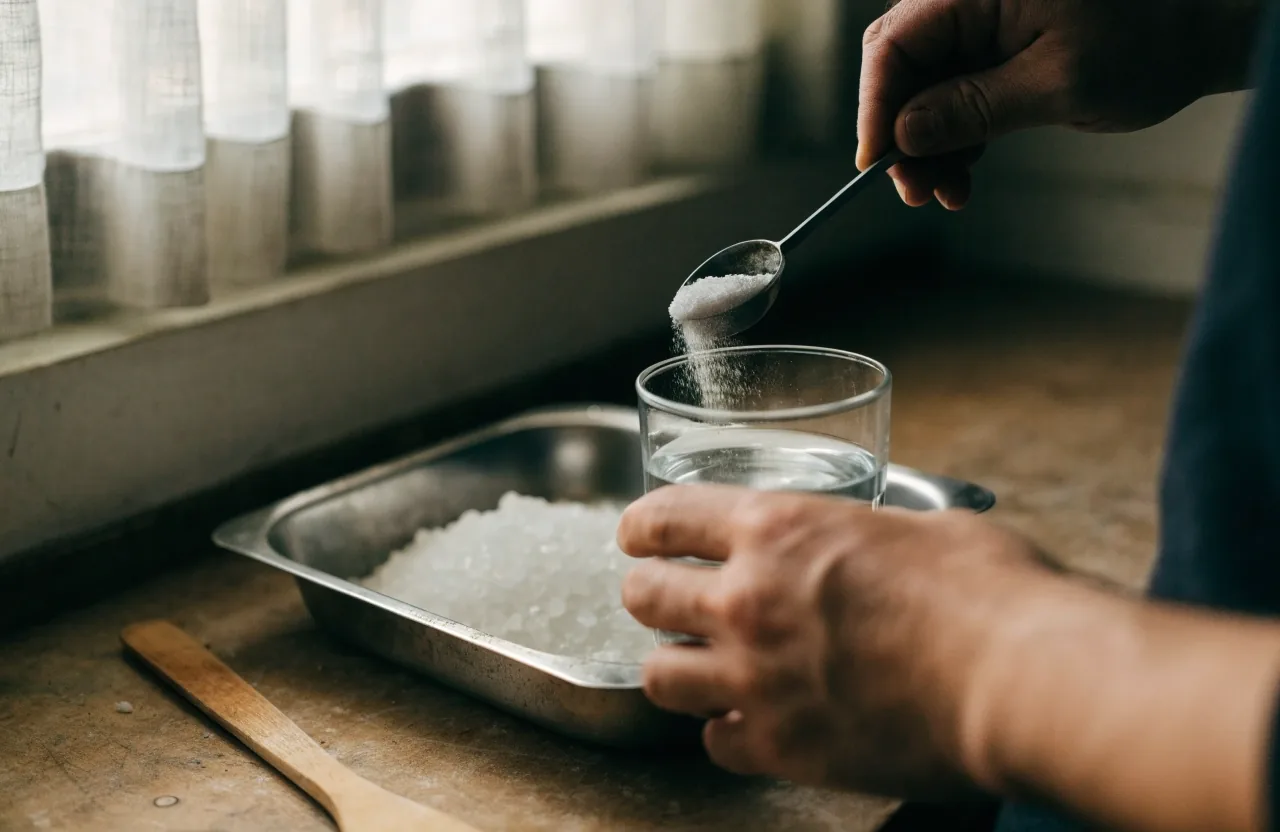A heap of pale mineral powder on a brushed steel tray with a wooden spatula beside it