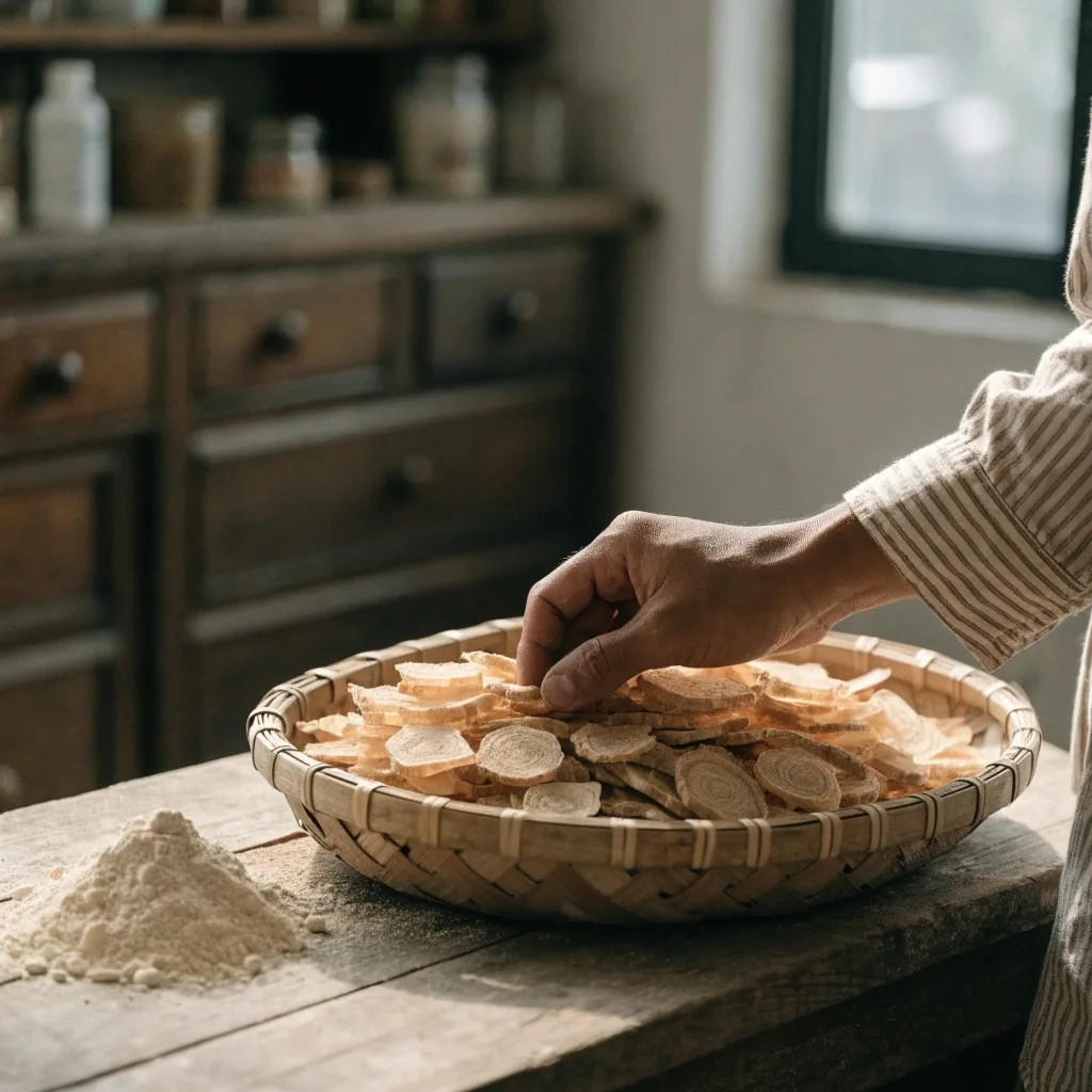 A steel tray of loose mineral powder on a weathered wooden counter with a hand mid-gesture above it