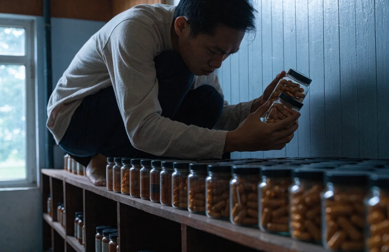 A hand holding a single closed capsule with a dark wooden bench blurred behind
