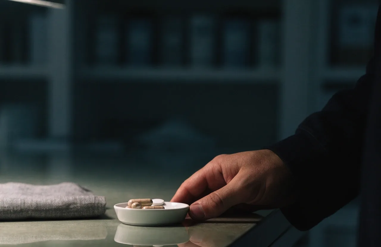 A ceramic dish with closed matte capsules and one round tablet beside folded linen on a dim counter