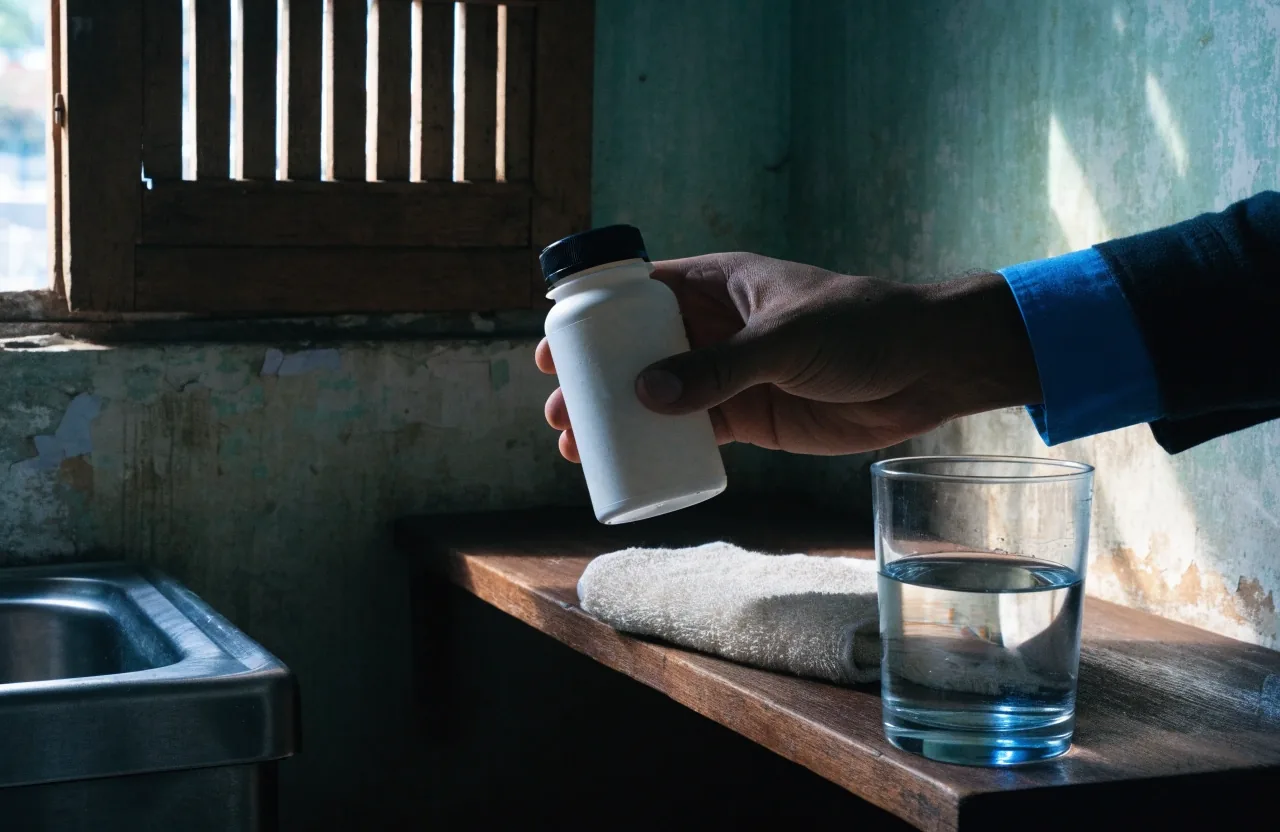 A closed bottle of everyday capsules lying on its side on a wooden bench beside folded linen and a glass of water