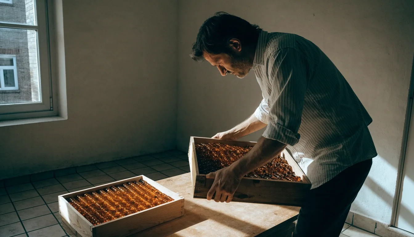 A man lifting a wooden crate of unlabelled capsule bottles onto a bench inside a storage room