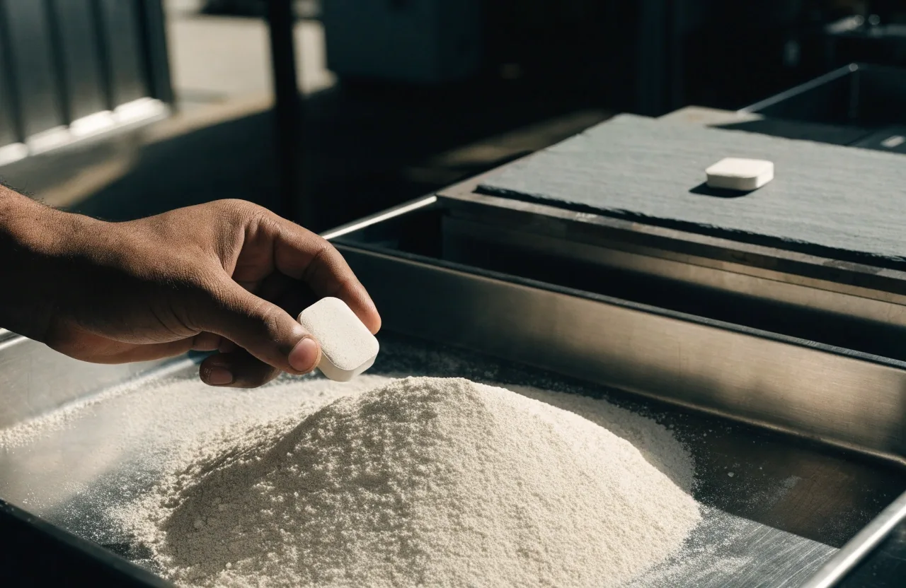 A hand holding a plain white tablet above a steel tray of mineral powder on a rubber mat