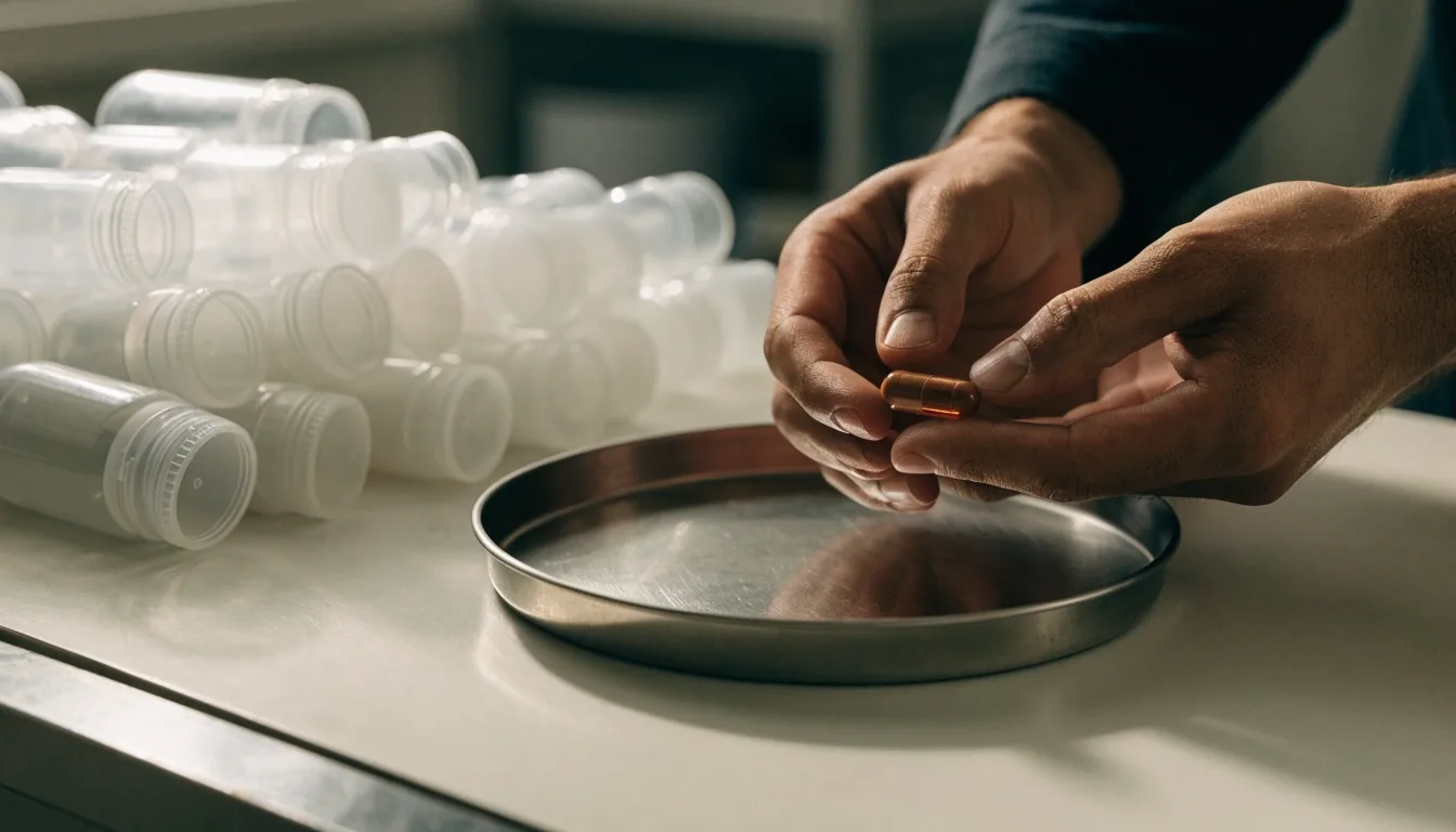 Hands holding a closed capsule above a steel tray on a matte workshop counter